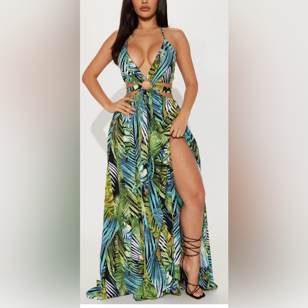 Tropical-print maxi dress. O-ring cut out. The Sang Clothing. Halter V-neck. M - Picture 12 of 15